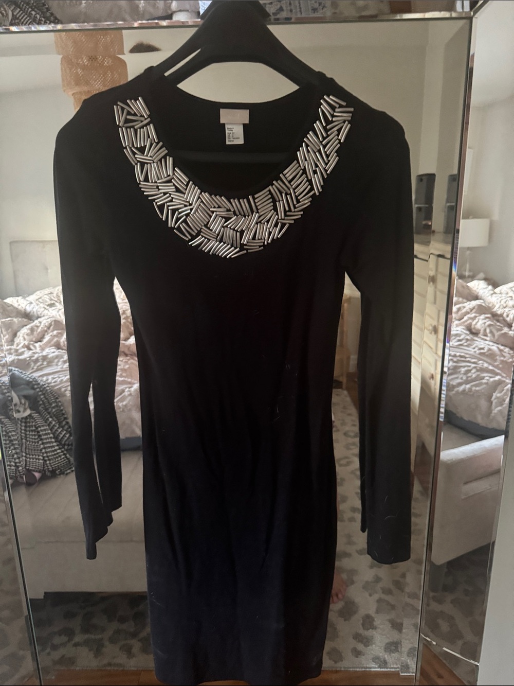 H&M Black Long Sleeve Dress with Silver Beaded Neckline